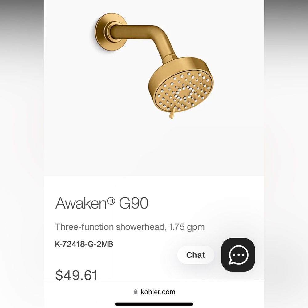 Awaken® G90
Three-function showerhead, 1.75 gpm
K-72418-G-2MB